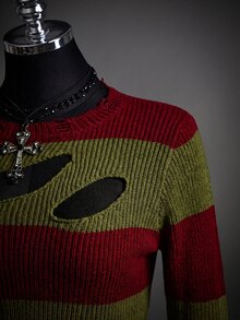 SHEIN ICON Fall Women's Autumn Halloween Red And Black Goth Devil Girl Fashion Colorblock Striped Distressed Sweater - Multicolor - View 4