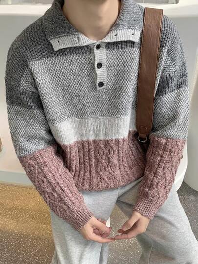 Manfinity Hypemode Pull décontracté à manches longues avec demi-patte boutonnée et blocs de couleurs pour hommes
