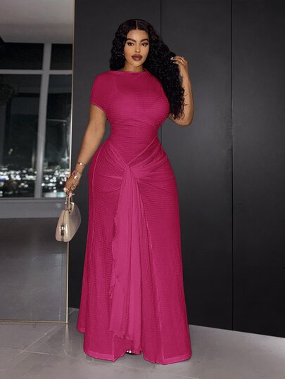Slaydiva New Spring/Summer Style Elegant Business Casual For Parties Dinner Formal Dates Wedding Slim Fit Solid All White Semi-Sheer Boat Neck Plus Size Dress