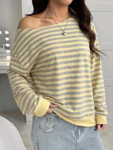 SHEIN EZwear 女款不對稱肩寬鬆黃灰條紋運動衫，休閒極簡日常百搭派對聚會機場穿搭 Y2K 上衣，女款秋季服飾，秋季穿搭，女款通勤穿搭，百搭上衣，外出穿搭，機場穿搭 - 彩色 - 查看 4