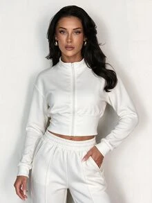 Glamine Stand Collar Zipper Short Jacket + High Waist Elastic Waist Pressed Line Wide Leg Sweatpants Solid Color 2 Pieces Sports Set - White - View 3