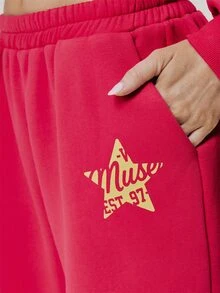 MUSERA Elasticated Waist Graphic Printed Loose Fit Cuffed Jogger Cute Daily Vintage Y2K Back To School Primary - Red - View 5
