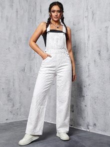 SHEIN EZwear 女款休閒牛仔連身褲，附口袋，適合日常穿著 - 白色 - 查看 6