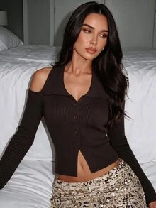 Glamine Women's Solid Color Casual Versatile Daily Wear Knitted Top - Coffee Brown - View 1