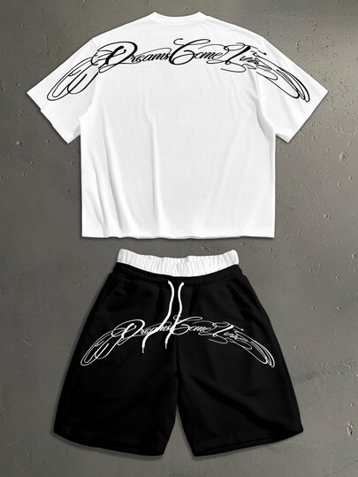 StoneGrade Handwritten English Curved Layout Slogan Fashion Print Men's Plus Size Drop Shoulder Loose Fit Short Sleeve T-Shirt & Double Waistband Short Sweatpants Set