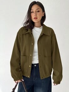 Aloruh Women's Solid Color Long Sleeve Single-Breasted Casual Jacket - Army Green - View 7