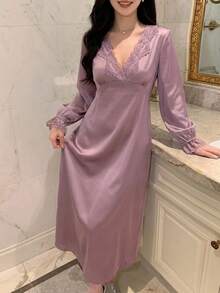 DAZY Women's Lace Patchwork V-Neck Cinched Waist Long Dress Nightgown - Purple - View 3