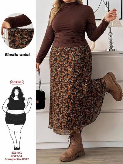 SHEIN CURVE+ Falda larga asimétrica de cintura con patchwork de encaje casual para mujer talla grande 22W, falda fluida de uso diario para mujer talla grande 5XL, nuevo estilo otoño/invierno