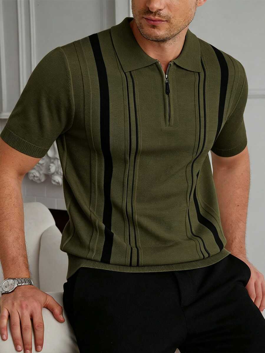 Core Aspect 男士半拉鍊 Polo 領直條紋針織短袖套頭毛衣,休閒通勤風 - 軍綠色 - 查看 1