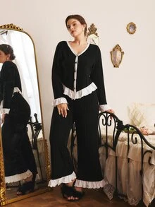 Côtesoire Plus Size Women French Elegant Contrast Color Long Sleeve Pajama Pants Set - Black and White - View 4