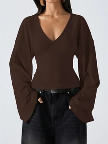 LYSMO 95% Cotton Bell Sleeve Women's Top, Solid Brown, Suitable For Spring And Autumn - Brown - View 6