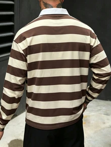 Manfinity Dauomo Casual Men's Striped Long Sleeve Commuter Polo Shirt - Brown - View 2