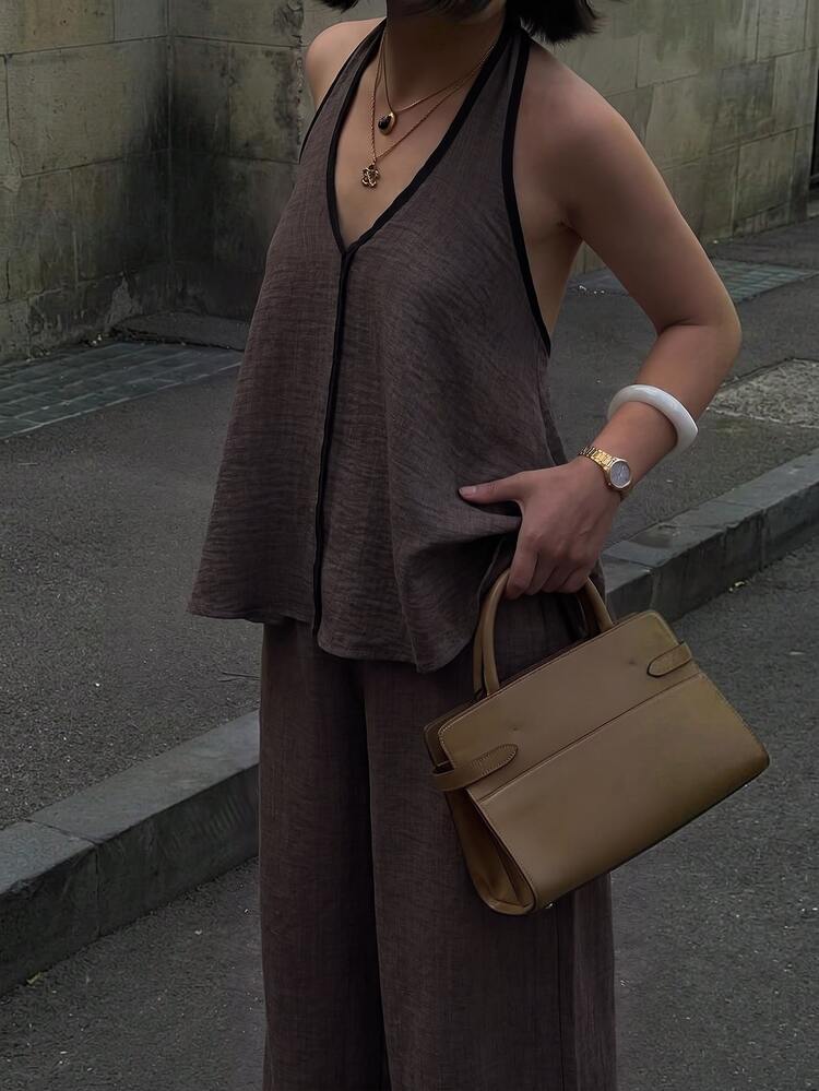 Firerie Setelan 2 Potong Wanita: Atasan Tank Top Model Halter Bergaris Tekstur dan Celana Longgar - Khaki - View 1