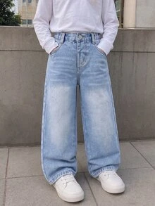 SHEIN 少女 Y2K 街頭日常彈力腰直筒牛仔褲，附平口袋，女孩日常 OOTD 套裝 - 深色水洗藍 - 查看 1
