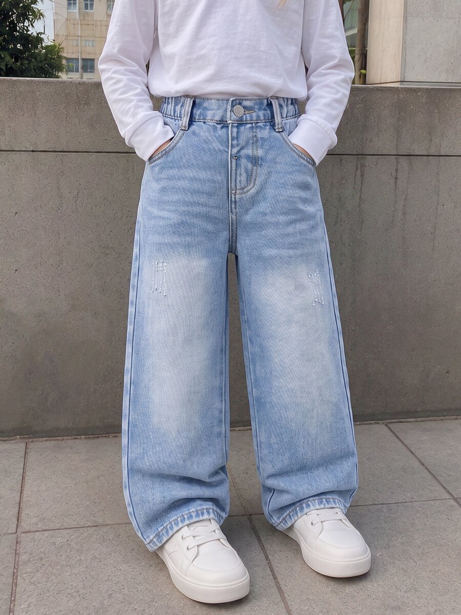 SHEIN 少女 Y2K 街頭日常彈力腰直筒牛仔褲,附平口袋,女孩日常 OOTD 套裝 - 深色水洗藍 - 查看 1