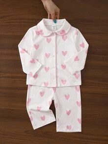 SHEIN Baby Girl Valentine's Day Heart Print Lapel Contrast Trim Button-Front Loose Long Sleeve Top & Straight Soft Thick Brushed Fleece Pants Set, Suitable For Winter - Pink - View 4