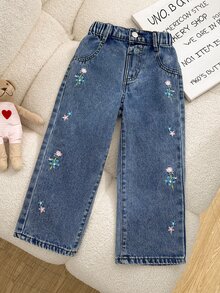 SHEIN 1件女童休閒學院風牛仔直筒花卉長褲 - 中等水洗藍 - 查看 8