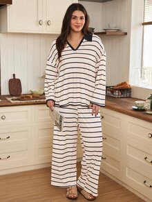 Doze Lane Set Piyama Wanita Ukuran Besar Motif Garis-Garis Bergaris dengan Warna Kontras, Pakaian Santai Kasual - Aprikot - View 5