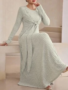 Graceveil French Style Cinched Waist Ribbon Knit Dress, Slimming Round Neck Vertical Striped Draped Floor-Length Dress - Grey - View 5