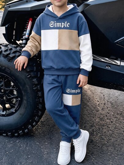 Teen Boy Casual Minimalist Long Sleeve Comfortable Hoodie & Sweatpants 2 Pieces Set, Fleece Lined For Autumn/Winter, Classic Retro Color Block Graphic Print, Cool Street Gothic Text Print