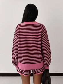 Glamine Autumn/Winter Fashion Striped Crew Neck Long Sleeve Shorts 2 Pieces Set - Multicolor - View 2