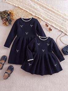 Baby Girl Embroidered Fashion Long Sleeve Sweater Dress For Outings - Navy Blue - View 9