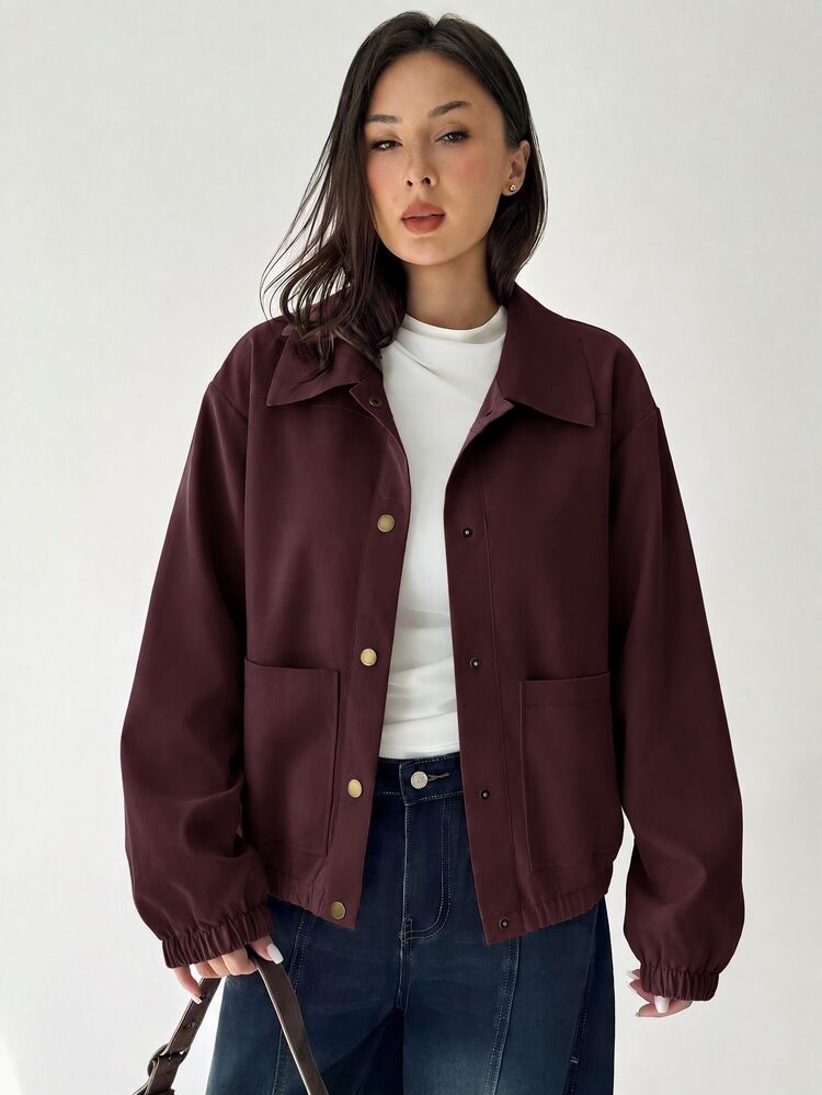 Aloruh Women's Solid Color Long Sleeve Single-Breasted Casual Jacket - Maroon - View 7