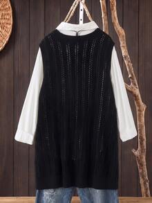Rusticease Plus Size Women Solid Color V-Neck Casual Daily Knit Vest - Black - View 2
