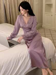 DAZY Women's Lace Patchwork V-Neck Cinched Waist Long Dress Nightgown - Purple - View 4