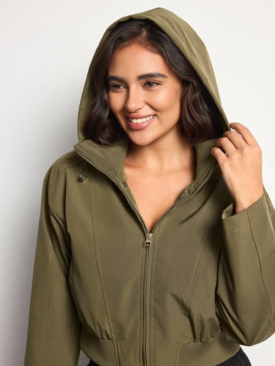 Easithlete Easithlete Jaket Pendek Wanita untuk Penerbangan, Berkerah Tegak dan Berkerudung, Kasual dan Serbaguna untuk Perjalanan Sehari-hari - Dark Green - View 1
