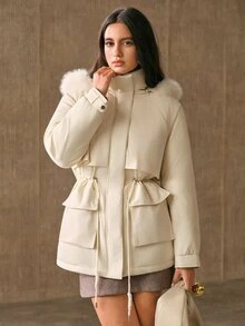 Anewsta Women's Padded Coat With Large Pockets And Drawstring Hood - Beige - View 6