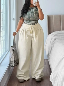 Rivivi Festival Plus Size Women's Apricot Non-Stretch Bow Waist Slim Straight Leg Jeans - Apricot - View 4