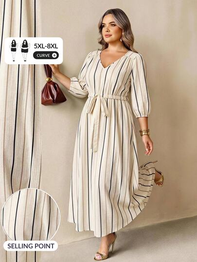 SHEIN CURVE+ Plus Size Women's Striped V-Neck Waist Tie 3/4 Sleeve Casual Dress Fall