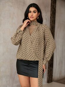 Roveilla Plus Size Spring Summer Autumn Pearl Chiffon Tie Cuff Sleeve Polka Dot V-Neck Blouse - Khaki - View 3