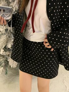 DAZY Women's Polka Dot Pattern Long Sleeve Single-Breasted Knit Cardigan And Knit Skirt Casual Set - Black - View 6