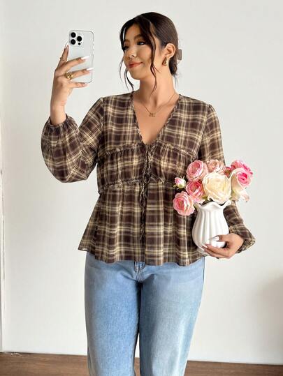 Lounesse Plus Size Women's Plaid Front Tie Long Sleeve Casual Shirt