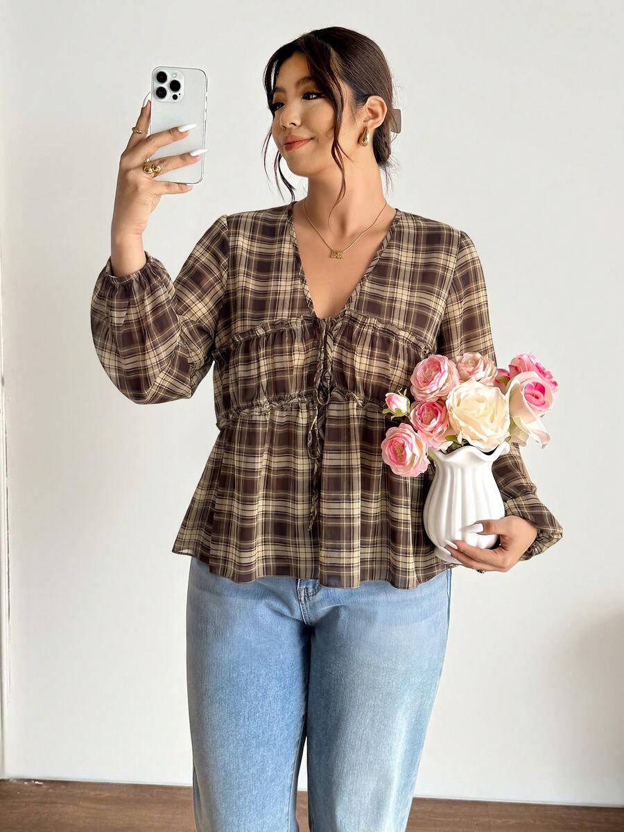 Lounesse Plus Size Women's Plaid Front Tie Long Sleeve Casual Shirt - Brown - View 1