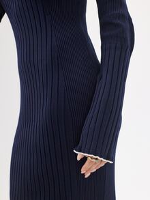 KÆRIA Hus Long Sleeve Ribbed Turtleneck Maxi Knit Dress - Premium Viscose - Navy Tipped - Bodycon, Minimalist - Navy Blue - View 8
