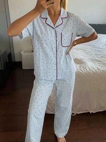 DAZY 2pcs/Set Women's Polka Dot All-Over Print Short Sleeve Cardigan Top & Straight Leg Long Pajama Pants Sleepwear Set - Blue - View 5