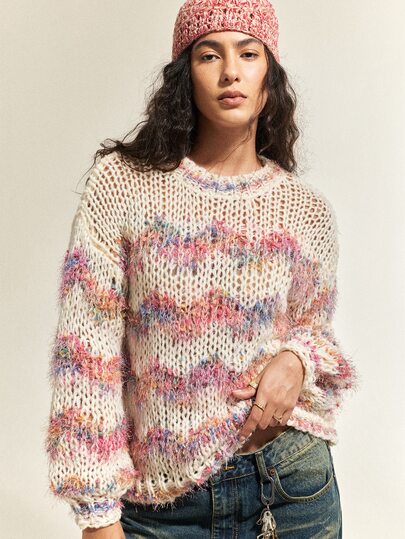 SoleilVie Women's Wavy Striped Crew Neck Drop Shoulder Long Sleeve Hollow Out Sweater