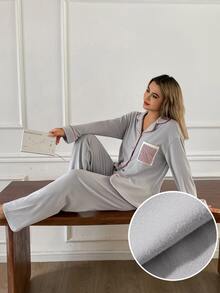 DAZY Women's Colorblock Long Sleeve Top And Pants Casual Daily Home Sleepwear Set - Light Grey - View 4