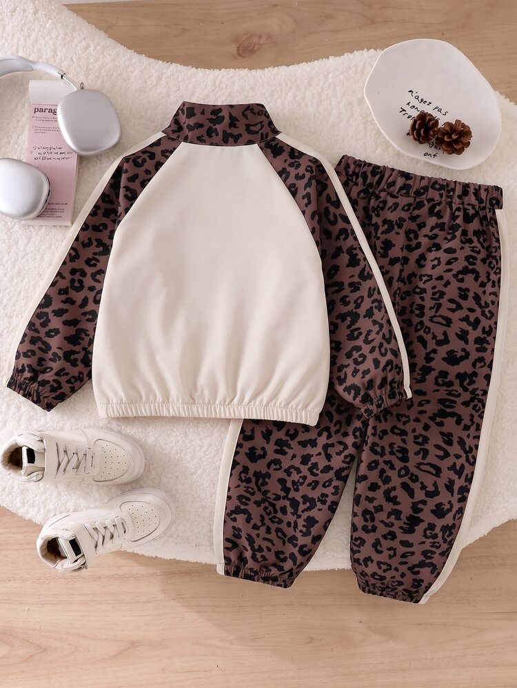 SHEIN Genkimix Kids 2pcs Young Girl Jacket Pants Set Cute Sweet Pink Leopard Print Bowknot Long Sleeve Stand Collar Regular Birthday Party Autumn - Brown - View 2