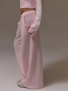 Musera Sport Knitted Ribbed Waist Wide Leg Coord Trouser Cute Girly Autumn Winter Fall Gym Holiday Dainty Ice - Pink - View 3