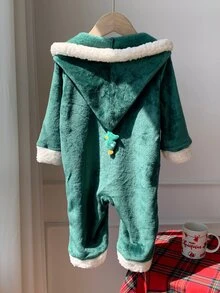 SHEIN 中性新生兒嬰兒男/女童、幼兒秋冬可愛毛絨聖誕老人連身衣、嬰兒冬季連身褲、聖誕老人套裝、聖誕節 - 綠色 - 查看 2