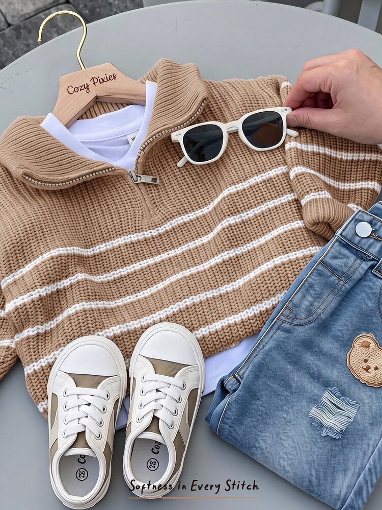 Cozy Pixies Baby Boy Striped Pattern Vintage Casual Cute High Neck Half-Zip Pullover Long Sleeve Autumn Winter Sweater - Khaki - View 7