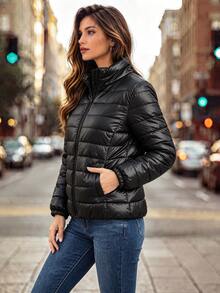 Editum Women's Winter Padded Coat With Pockets And Zipper Long Sleeve - Black - View 5