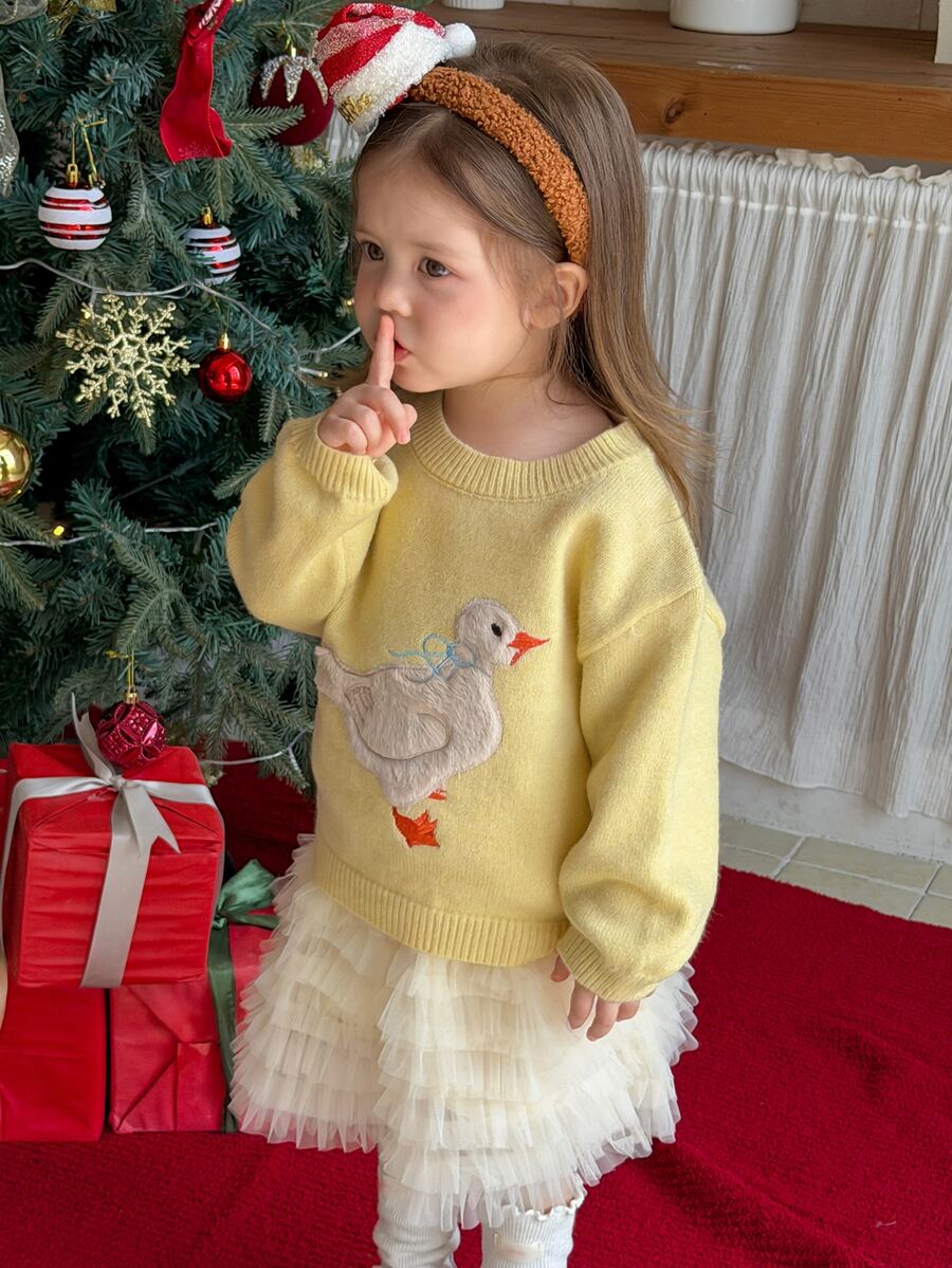 DAZY Baby Girl Cute Applique Embroidery Fashion Long Sleeve Sweater - Light Yellow - View 1