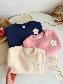 SHEIN 女童 3件組 針織素色圓領寬鬆休閒秋冬衛衣套裝 - 彩色 - 查看 3