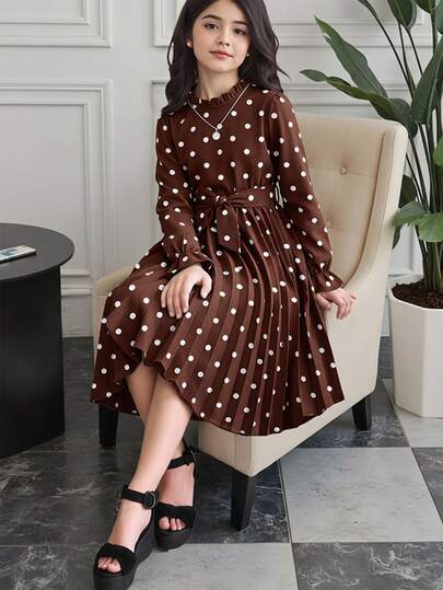 Tween Girls' Dark Brown Vintage Polka Dot Long Sleeve Dress, Autumn/Winter French Style Frill Trim Stand Collar Waist Tie Pleated Dress, Stylish Casual Versatile Dress For Photos And Outings