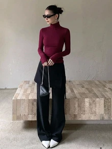 DAZY 女款純色長袖高領彈性抓絨T恤，秋冬學院風上衣 - 中紫紅色 - 查看 6